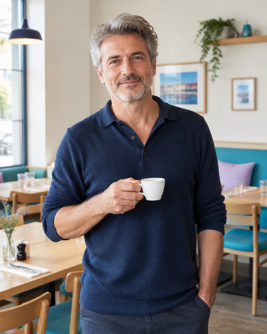 Dirigeant dans sa salle encore fermée, un café à la main.