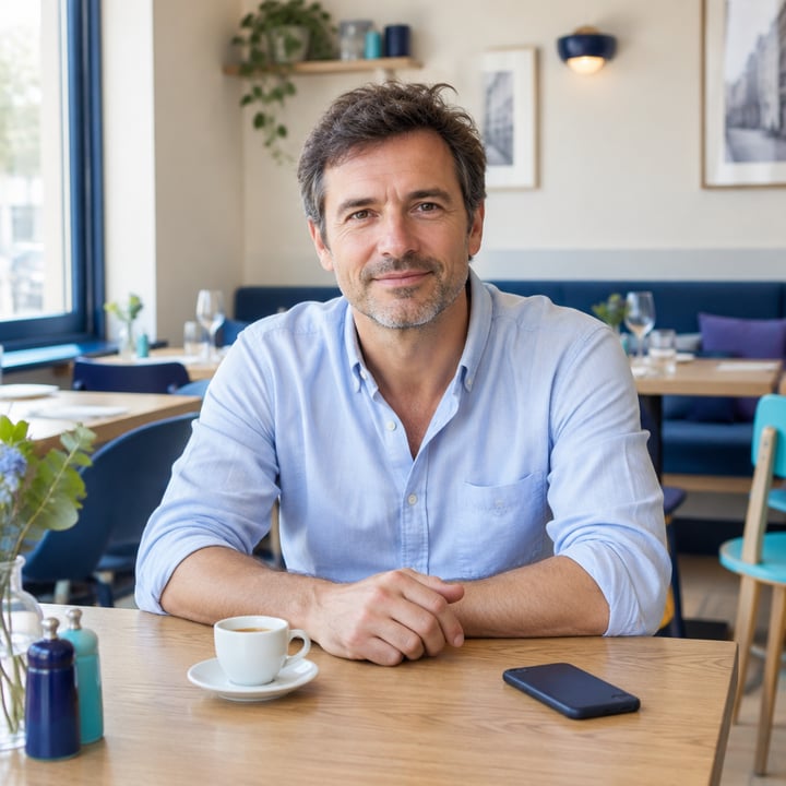 Patron de brasserie le matin, avec son café et son téléphone.