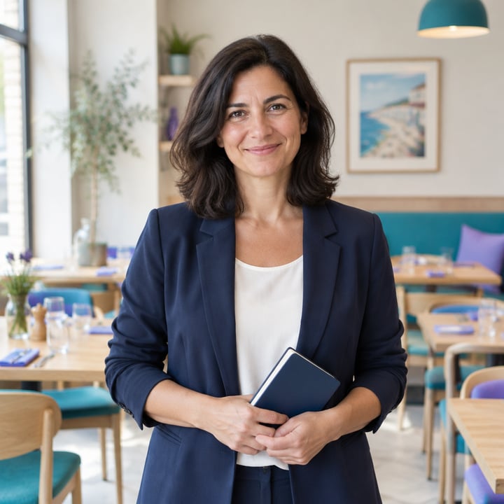 Dirigeante de restaurants dans une salle lumineuse.